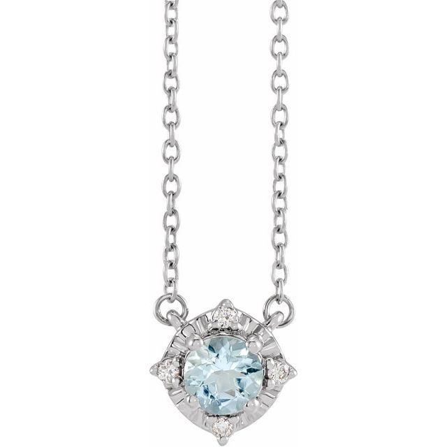 14K White Natural Aquamarine & .04 CTW Natural Diamond Halo-Style 18" Necklace