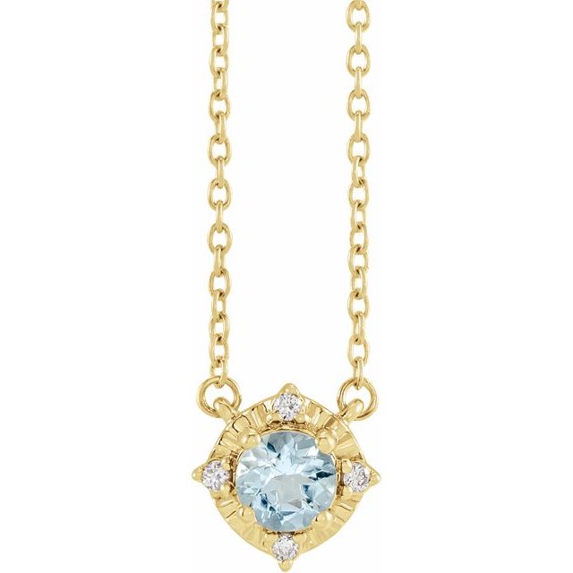 14K Yellow Natural Aquamarine & .04 CTW Natural Diamond Halo-Style 18" Necklace