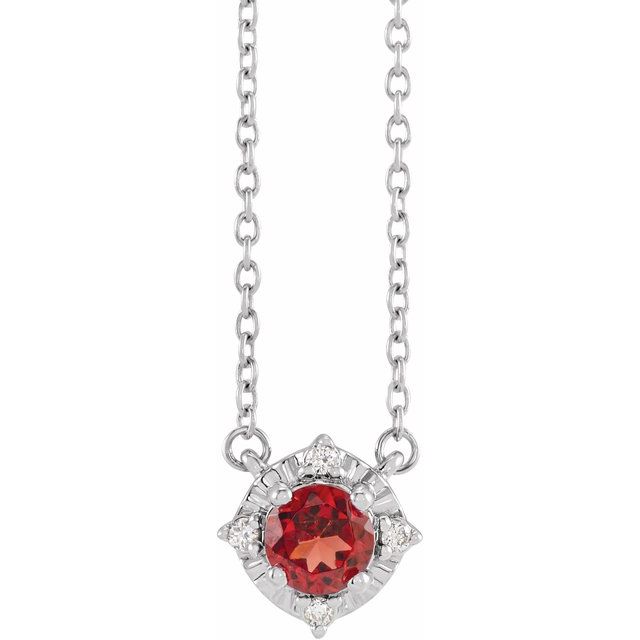Sterling Silver Natural Mozambique Garnet & .04 CTW Natural Diamond Halo-Style 18" Necklace