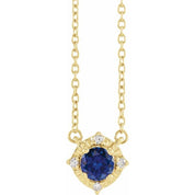 14K Yellow Lab-Grown Blue Sapphire & .04 CTW Natural Diamond Halo-Style 18" Necklace
