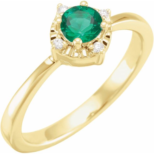 14K Yellow Lab-Grown Emerald & .04 CTW Natural Diamond Halo-Style Ring