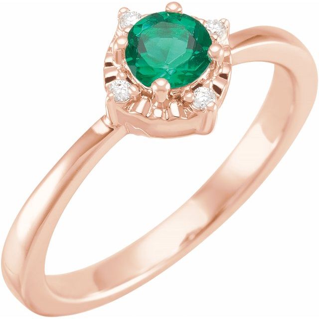 14K Rose Lab-Grown Emerald & .04 CTW Natural Diamond Halo-Style Ring