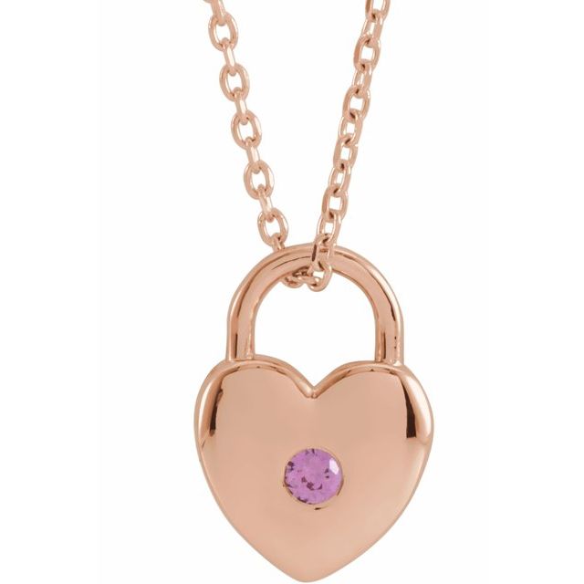 14K Rose Natural Pink Sapphire Heart Lock 18" Necklace