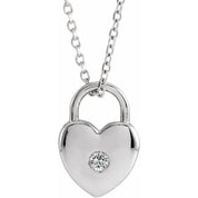 14K White Natural White Sapphire Heart Lock 18" Necklace