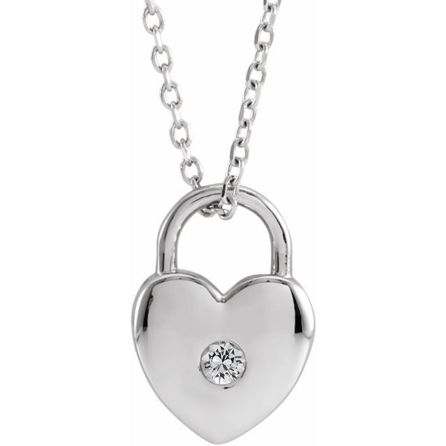 14K White Natural White Sapphire Heart Lock 18" Necklace