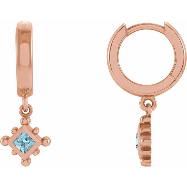 14K Rose Natural Aquamarine Beaded Bezel-Set Hoop Earrings