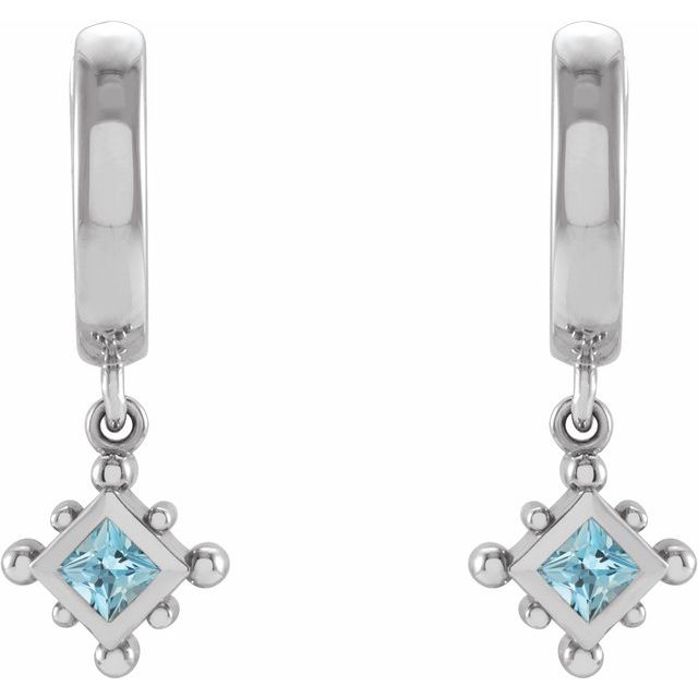 14K White Natural Aquamarine Beaded Bezel-Set Hoop Earrings