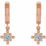 14K Rose Natural Aquamarine Beaded Bezel-Set Hoop Earrings