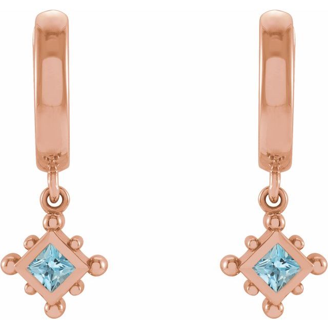 14K Rose Natural Aquamarine Beaded Bezel-Set Hoop Earrings