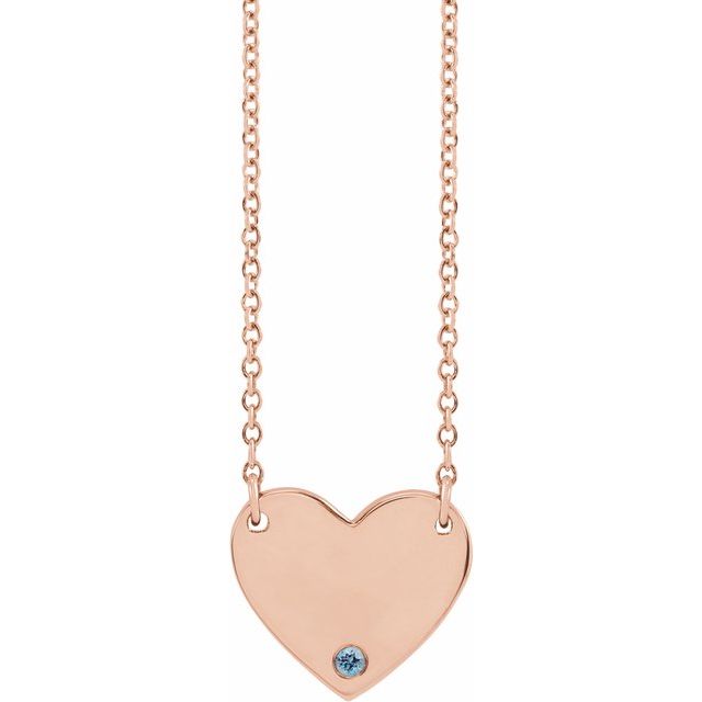 14K Rose Natural Aquamarine Engravable Heart 18" Necklace