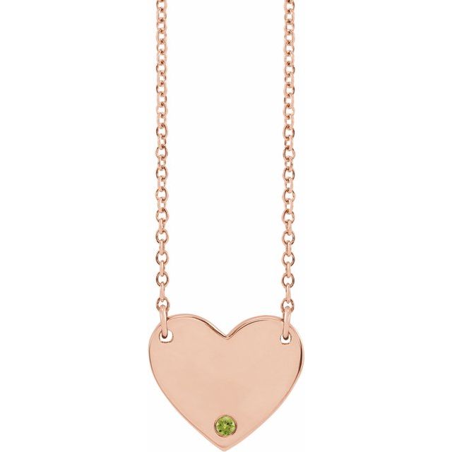 14K Rose Natural Peridot Engravable Heart 18" Necklace
