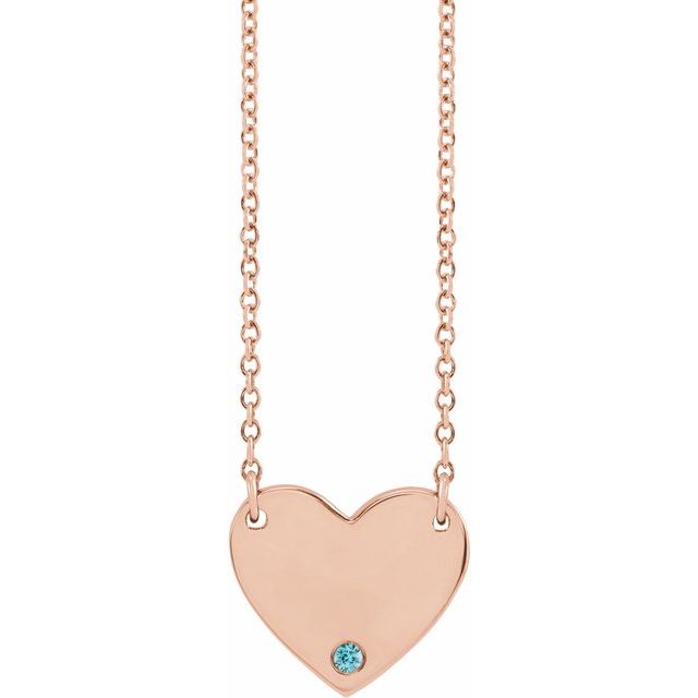 14K Natural Blue Zircon Engravable Heart Necklace with 18" Chain