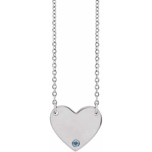 Platinum Natural Aquamarine Engravable Heart 18" Necklace