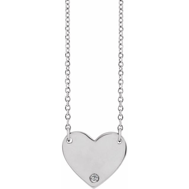 14K White Natural White Sapphire Engravable Heart 18" Necklace