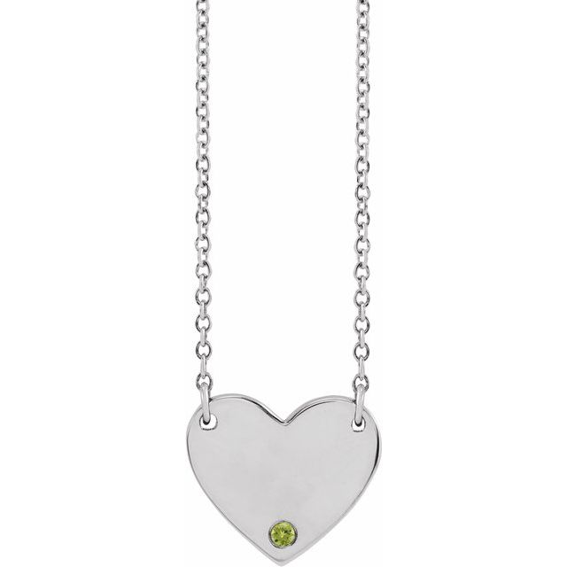 Sterling Silver Natural Peridot Engravable Heart 18" Necklace