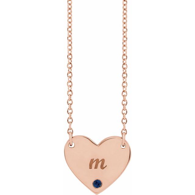 14K Rose Natural Blue Sapphire Engravable Heart 18" Necklace