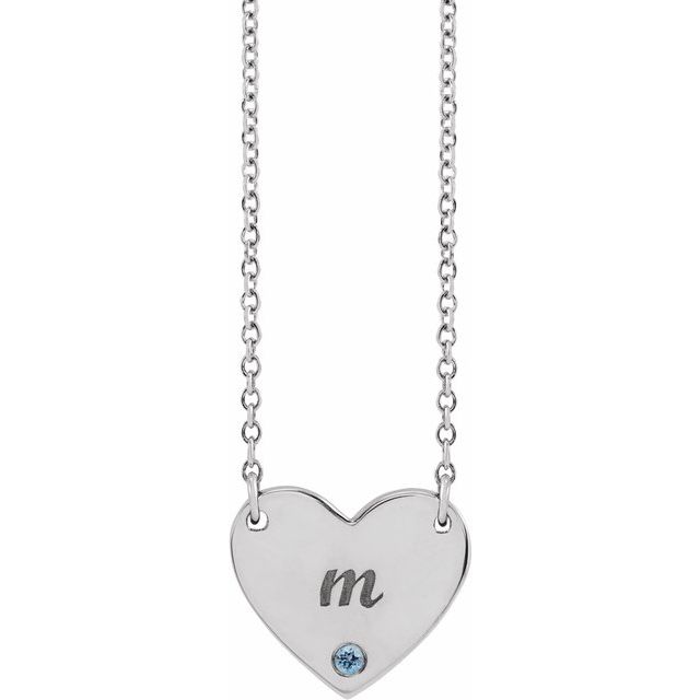 Platinum Natural Aquamarine Engravable Heart 18" Necklace