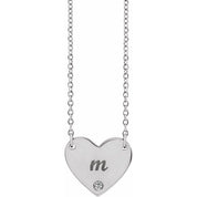 14K White Natural White Sapphire Engravable Heart 18" Necklace