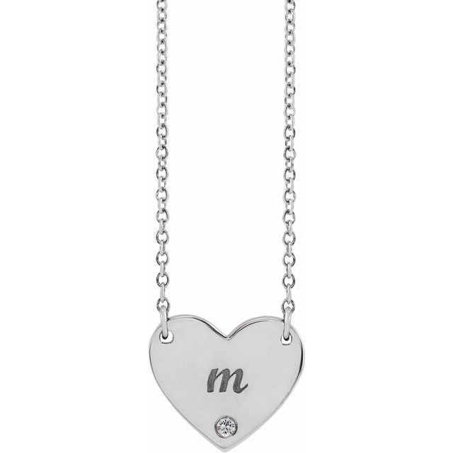 14K White Natural White Sapphire Engravable Heart 18" Necklace