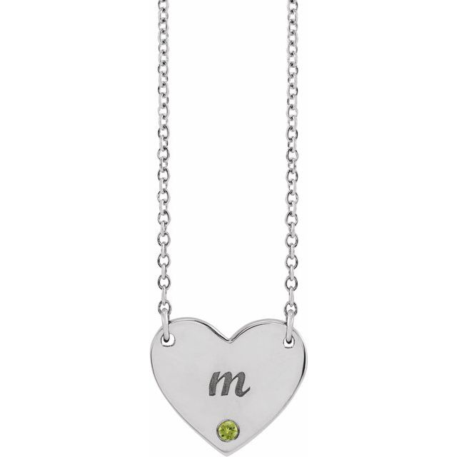 Sterling Silver Natural Peridot Engravable Heart 18" Necklace