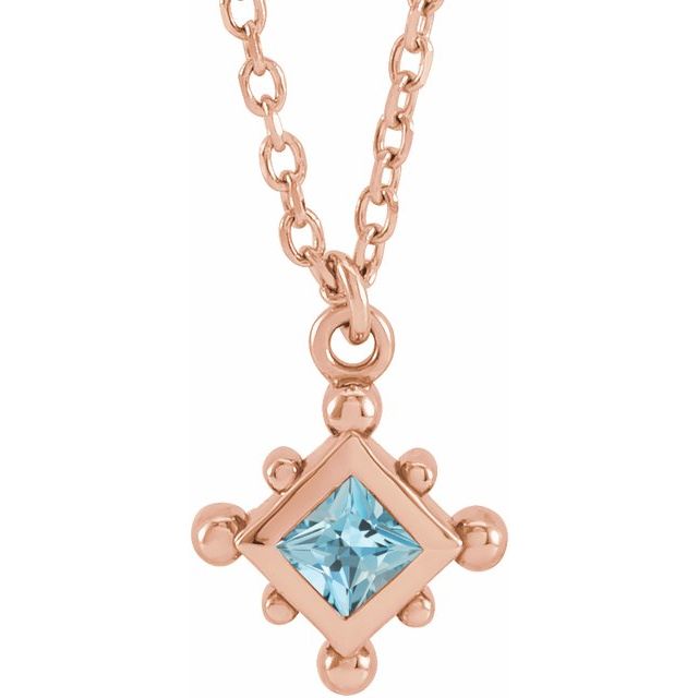 14K Rose Natural Aquamarine Bezel-Set Beaded 16-18" Necklace
