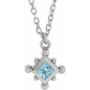 14K White Natural Aquamarine Bezel-Set Beaded 16-18" Necklace