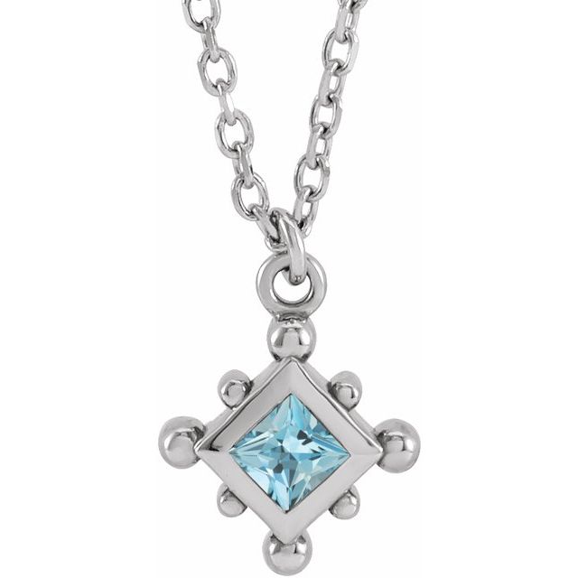 14K White Natural Aquamarine Bezel-Set Beaded 16-18" Necklace