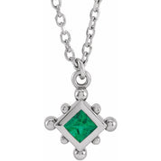14K White Lab-Grown Emerald Bezel-Set Beaded 16-18" Necklace