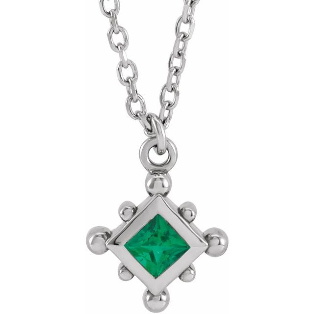 14K White Lab-Grown Emerald Bezel-Set Beaded 16-18" Necklace