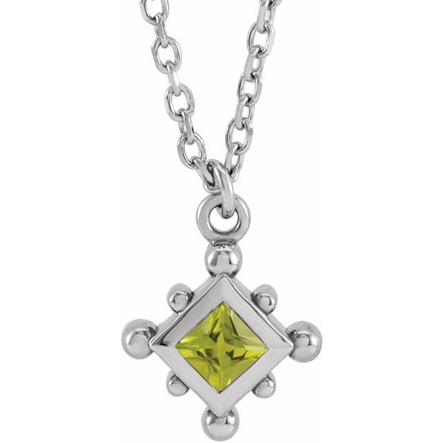 14K White Natural Peridot Bezel-Set Beaded 16-18" Necklace