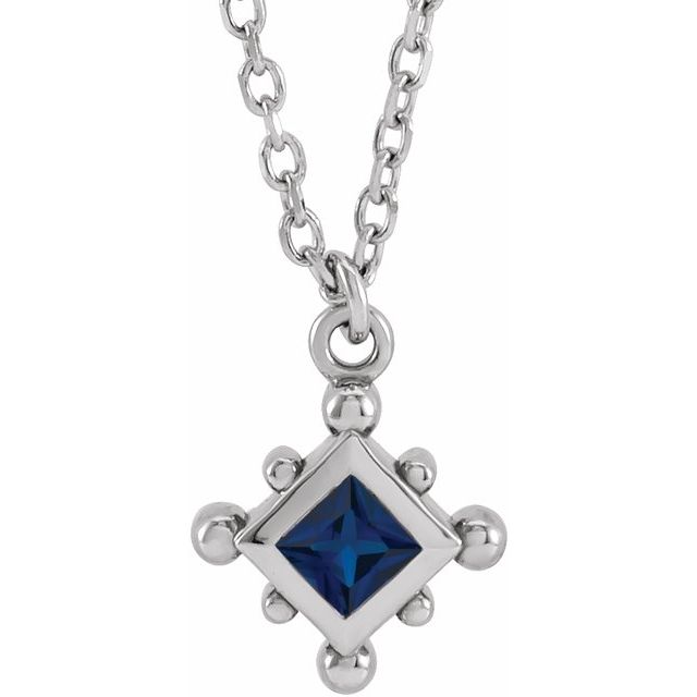 14K White Lab-Grown Blue Sapphire Bezel-Set Beaded 16-18" Necklace