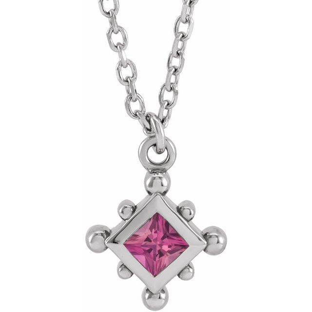 14K White Natural Pink Tourmaline Bezel-Set Beaded 16-18" Necklace