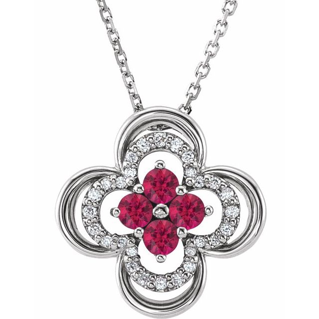 14K White Lab-Grown Ruby & .08 CTW Natural Diamond Clover 18" Necklace