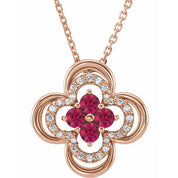 14K Rose Natural Ruby & .08 CTW Natural Diamond Clover 18" Necklace