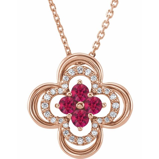 14K Rose Natural Ruby & .08 CTW Natural Diamond Clover 18" Necklace
