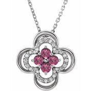 14K White Natural Pink Tourmaline & .08 CTW Natural Diamond Clover 18" Necklace