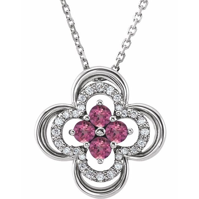 14K White Natural Pink Tourmaline & .08 CTW Natural Diamond Clover 18" Necklace