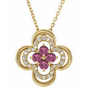 14K Yellow Natural Pink Tourmaline & .08 CTW Natural Diamond Clover 18" Necklace