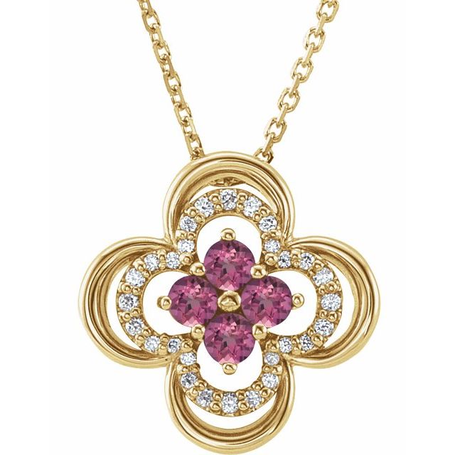 14K Yellow Natural Pink Tourmaline & .08 CTW Natural Diamond Clover 18" Necklace