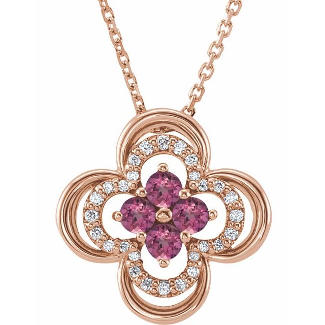 14K Rose Natural Pink Tourmaline & .08 CTW Natural Diamond Clover 18" Necklace