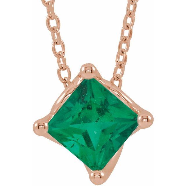 14K Rose 5x5 mm Square Lab-Grown Emerald Solitaire 16-18" Necklace