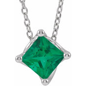 Sterling Silver 5x5 mm Square Lab-Grown Emerald Solitaire 16-18" Necklace