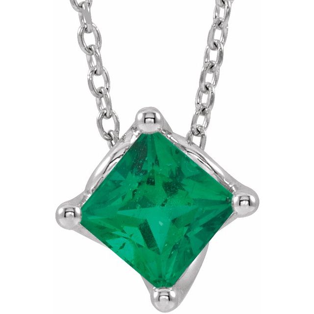 14K White 5x5 mm Square Lab-Grown Emerald Solitaire 16-18" Necklace