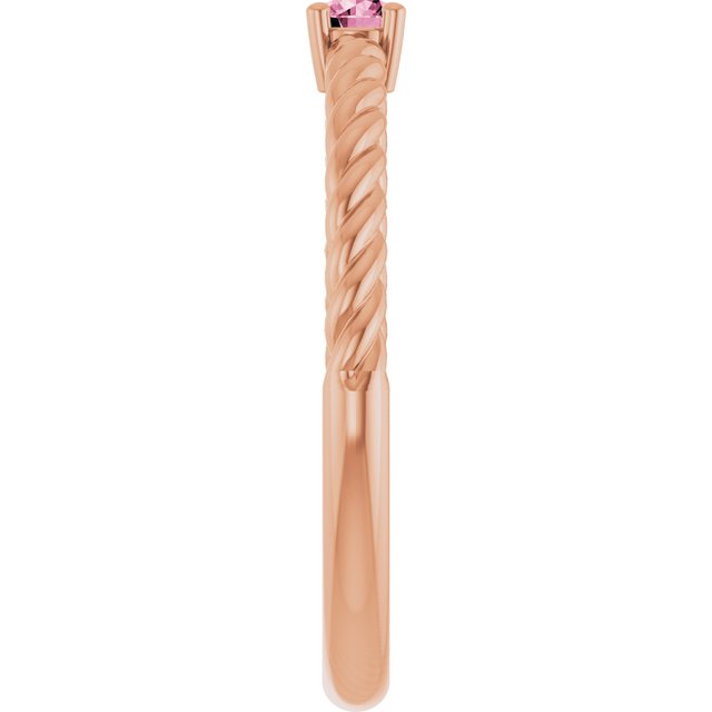 14K Rose 3 mm Natural Pink Tourmaline Solitaire Rope Ring