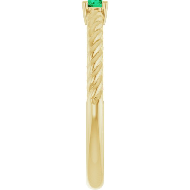14K Yellow 3 mm Lab-Grown Emerald Solitaire Rope Ring