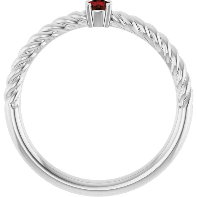 14K White 3 mm Natural Mozambique Garnet Solitaire Rope Ring