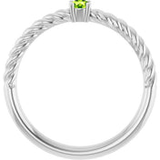 Platinum 3 mm Natural Peridot Solitaire Rope Ring