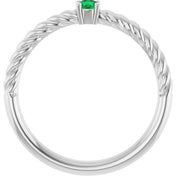 14K White 3 mm Lab-Grown Emerald Solitaire Rope Ring
