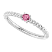 Sterling Silver 3 mm Natural Pink Tourmaline Solitaire Rope Ring