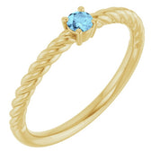 14K Yellow 3 mm Natural Aquamarine Solitaire Rope Ring